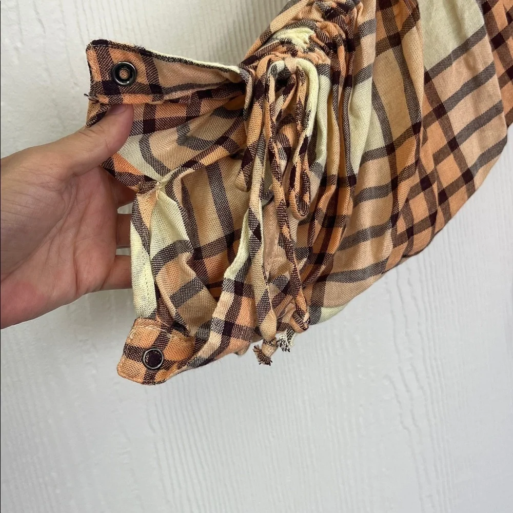 Free People - Pacific Dawn Peach And Cream Plaid Cinched Back Blouse Size Small